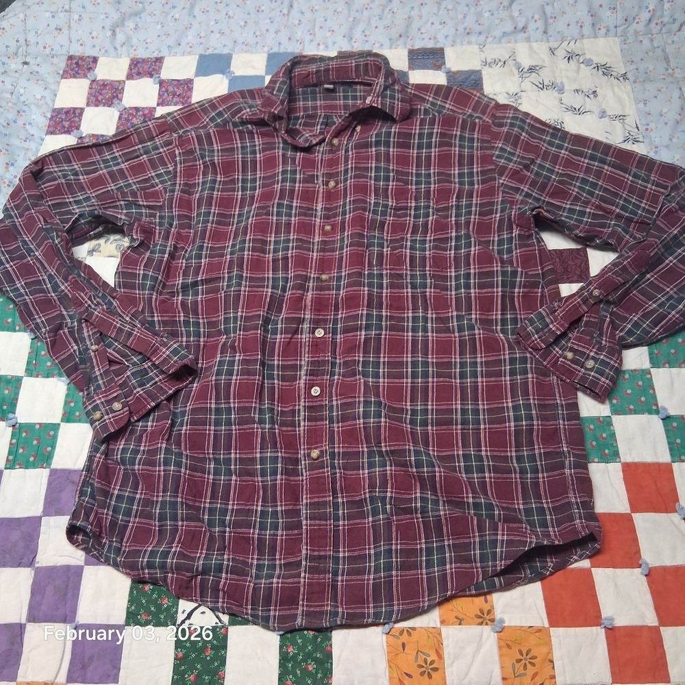 Croft & Borrow Flannel Shirt Dark Red Plaid Long Sleeve Size Long Tall LT